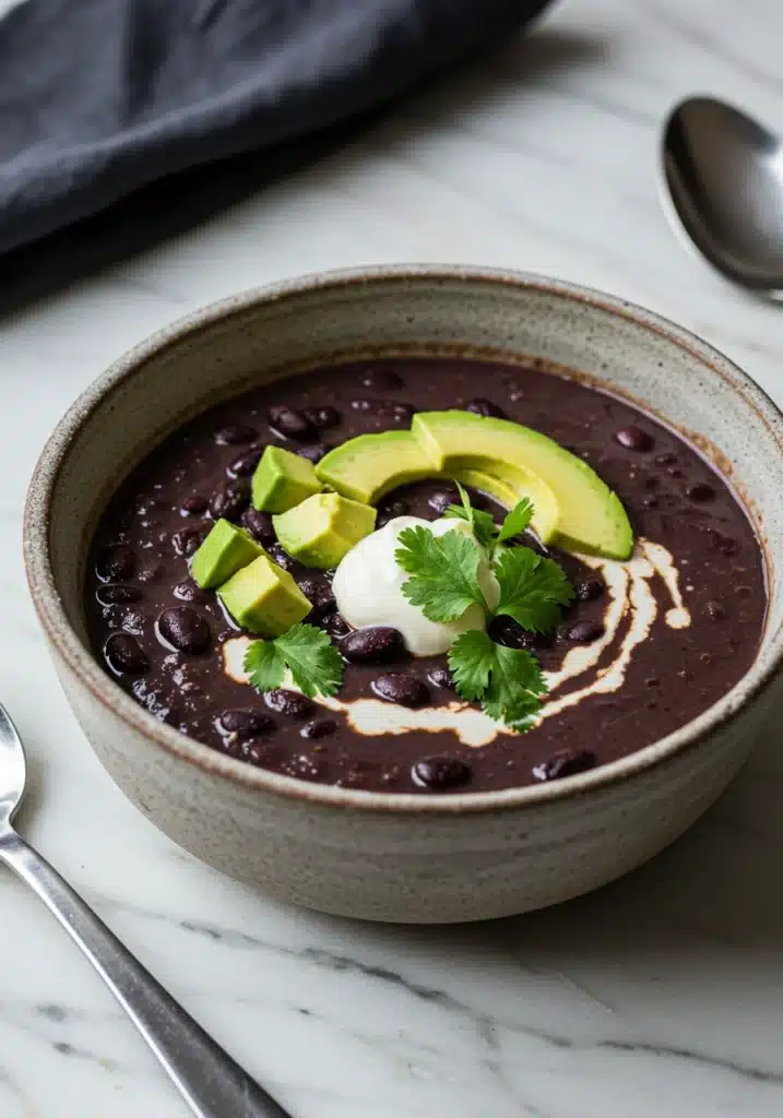 A bowl of purple black bean soup recipe