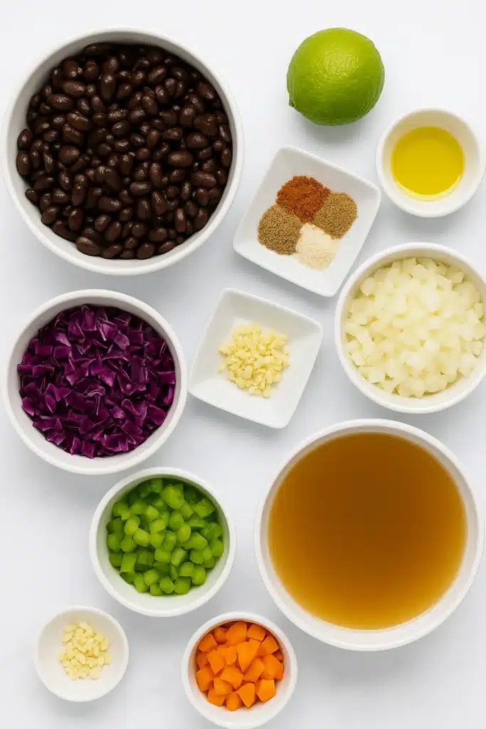 Flat lay of purple black bean soup ingredients