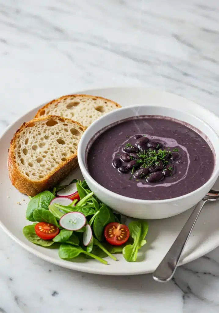 Purple black bean soup served alongside crusty sourdough bread and a small salad (2)