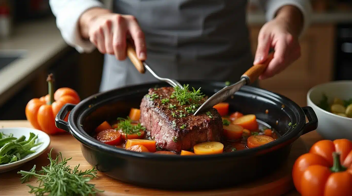 A chef preparing a delicious pot roast using chuck steak, with vegetables and herbs in a slow cooker