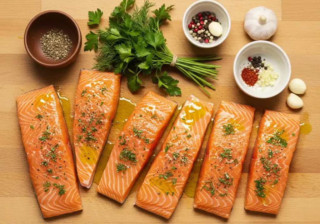 An overhead view of the preparation process for baked salmon