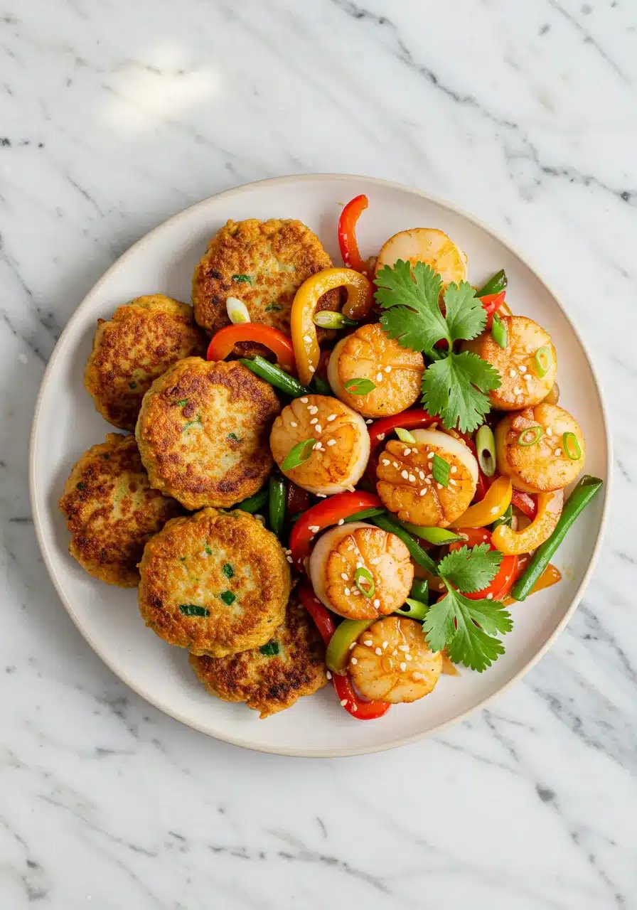 A colorful fishcakes and scallops stir fry served on a white ceramic plate