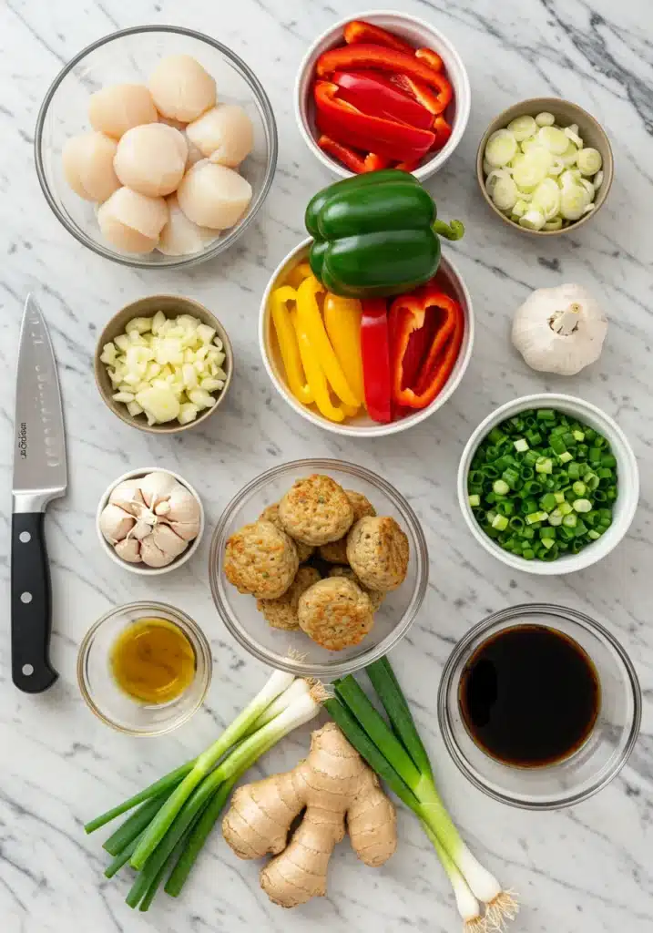Overhead flat lay of all ingredients Fishcakes and Scallops Stir Fry Recipe