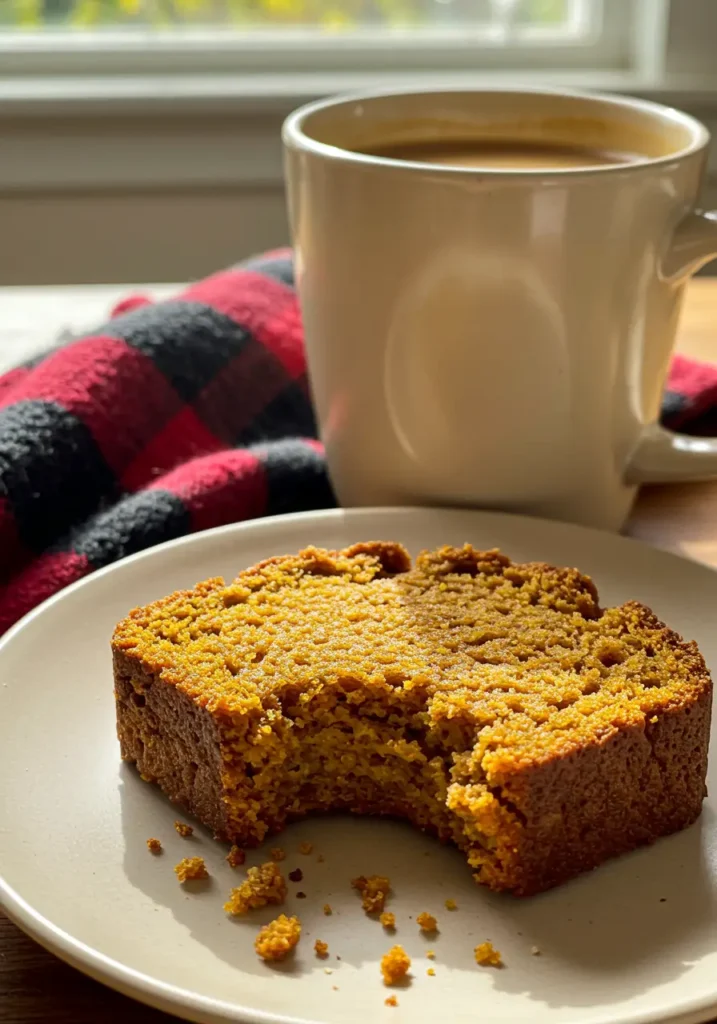 A bite taken out of a slice of pumpkin banana bread