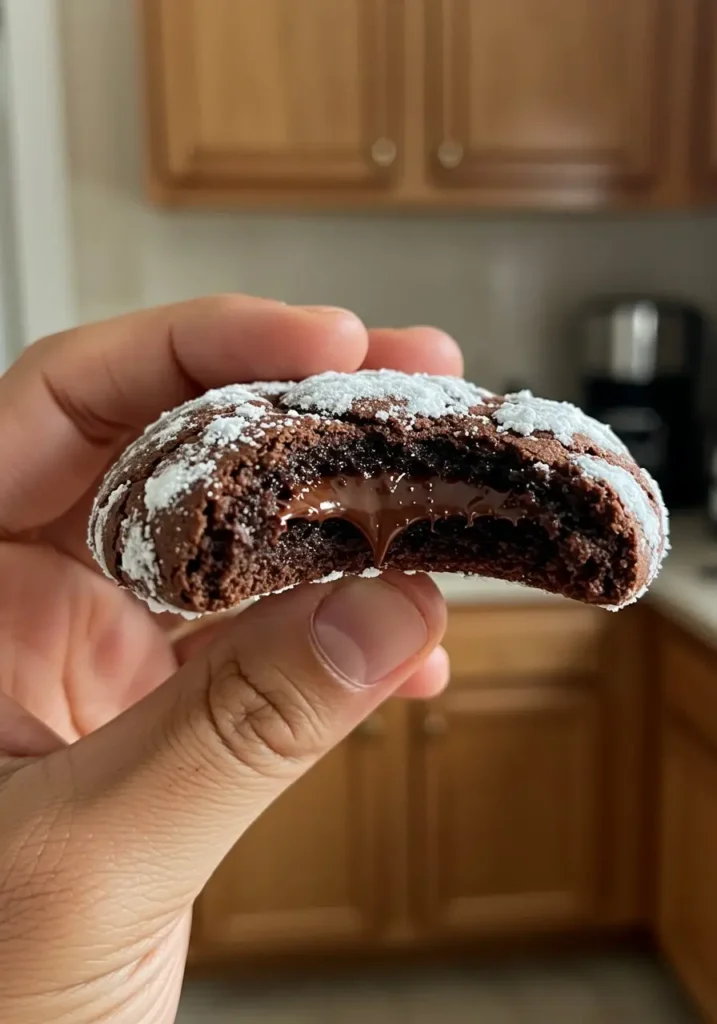 A close-up of a person’s hand holding a soft, chewy chocolate crinkle cookie with a bite taken out