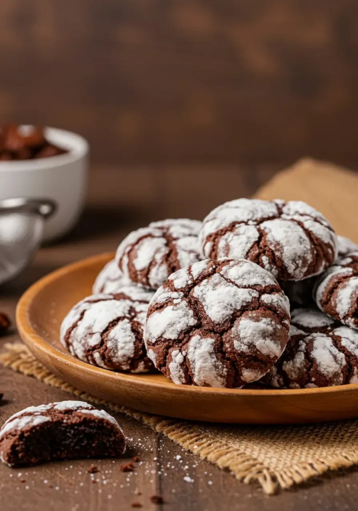 A close-up shot of freshly baked chocolate crinkle cookies, with a light dusting of powdered sugar