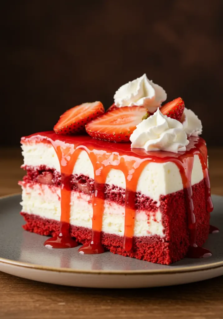 A decadent slice of Red Velvet Strawberry Cheesecake with layers of rich red velvet cake