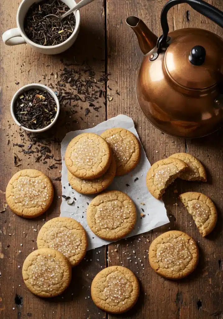 A flat-lay of Earl Grey cookies on a wooden table