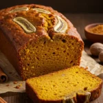 A freshly baked pumpkin banana loaf on a rustic wooden table