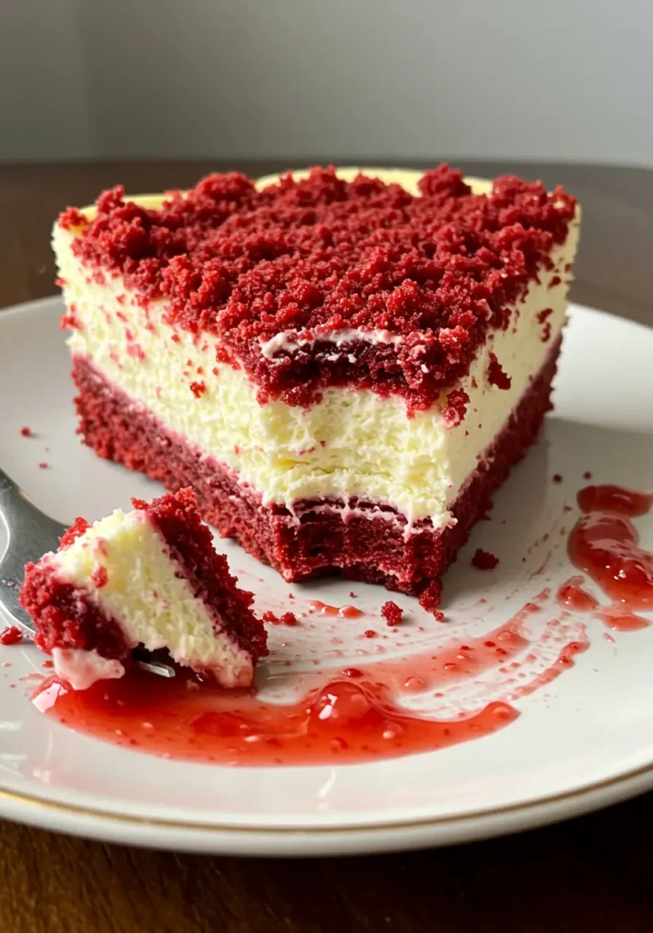 A half-eaten slice of Red Velvet Strawberry Cheesecake with a bite taken out