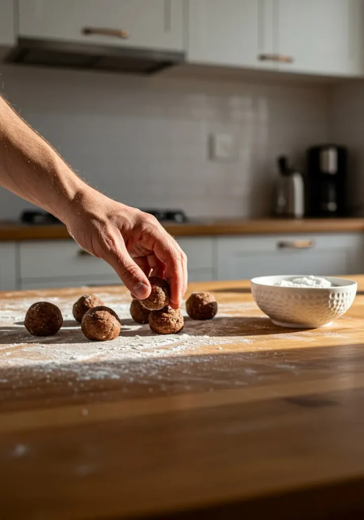 A hand rolling chocolate cookie dough into small balls, with powdered sugar in a shallow bowl beside the dough