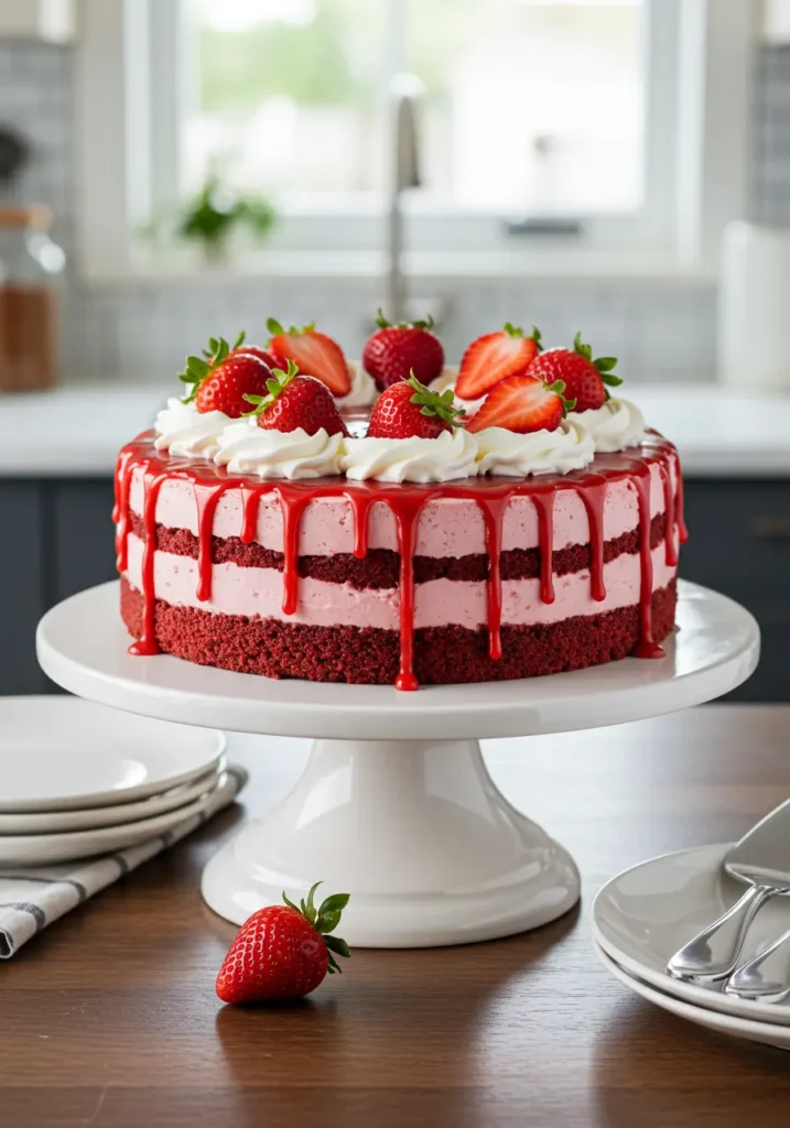 A whole Red Velvet Strawberry Cheesecake on a white cake stand