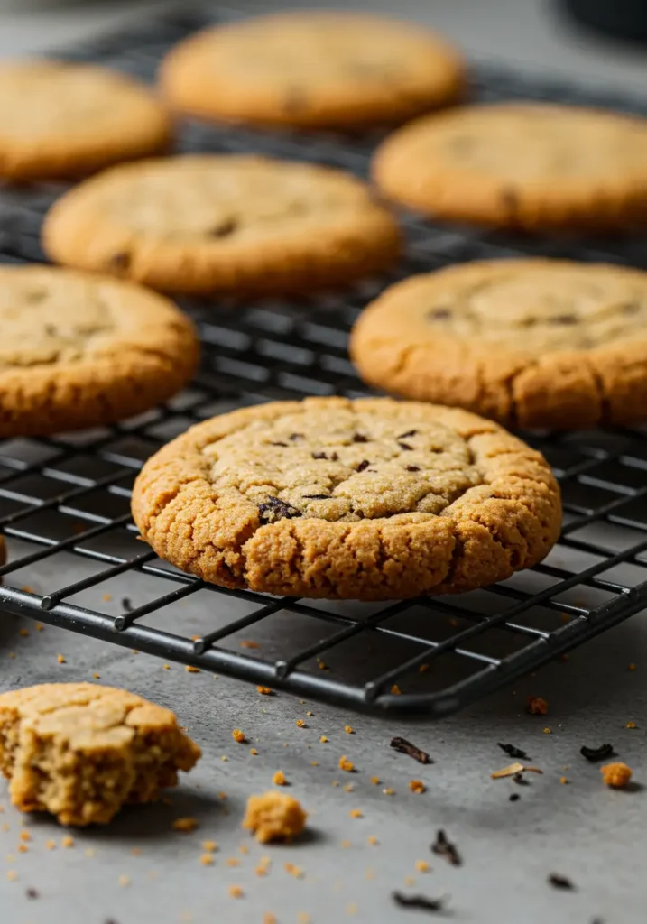 Baked Earl Grey cookies cooling on a wire rack with a few crumbs