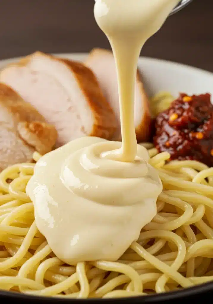Close-up of ramen noodles being topped with a swirl of creamy garlic sauce