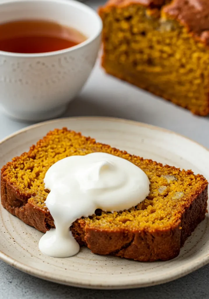 Close-up shot of a thick slice of pumpkin banana bread