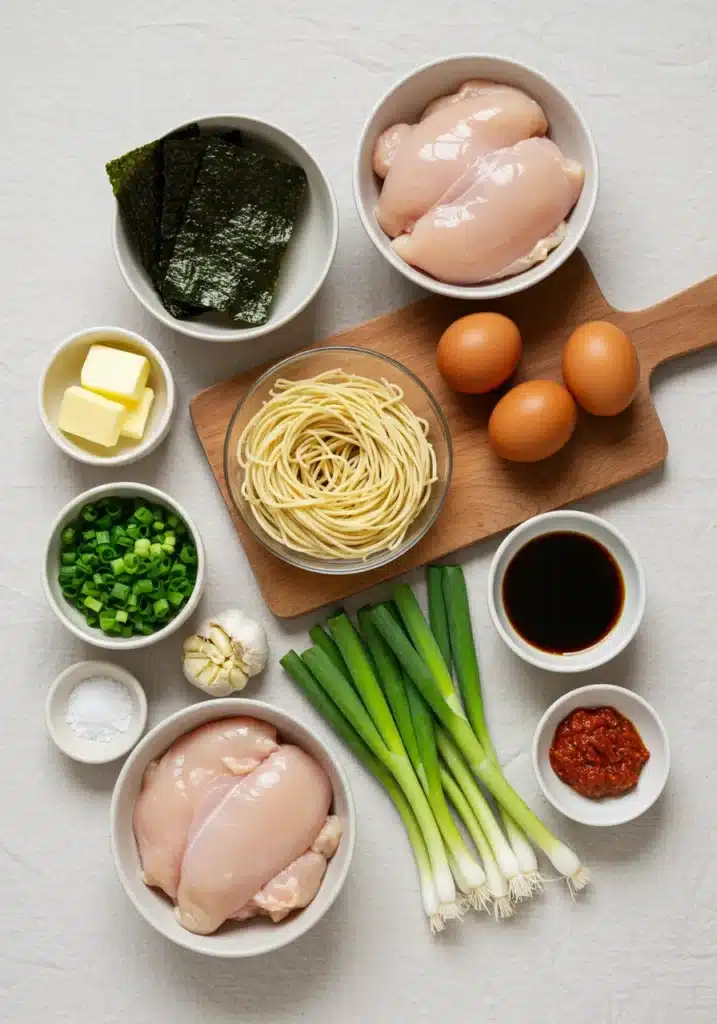 Flat lay of raw ingredients Fiery Chicken Ramen