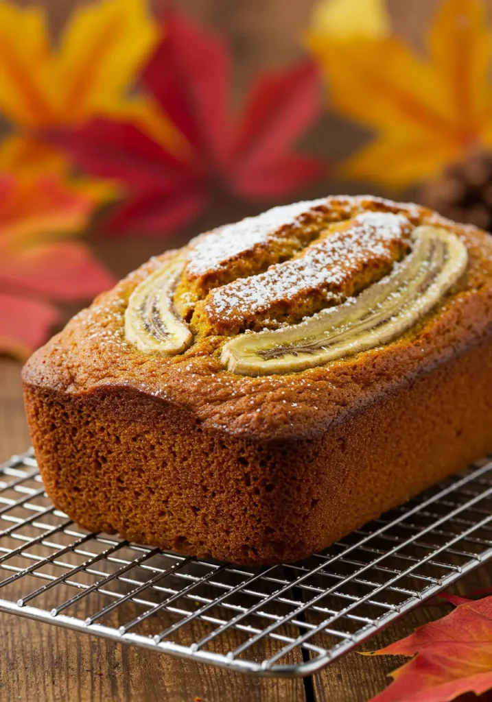 Freshly baked pumpkin banana loaf cooling on a wire rack