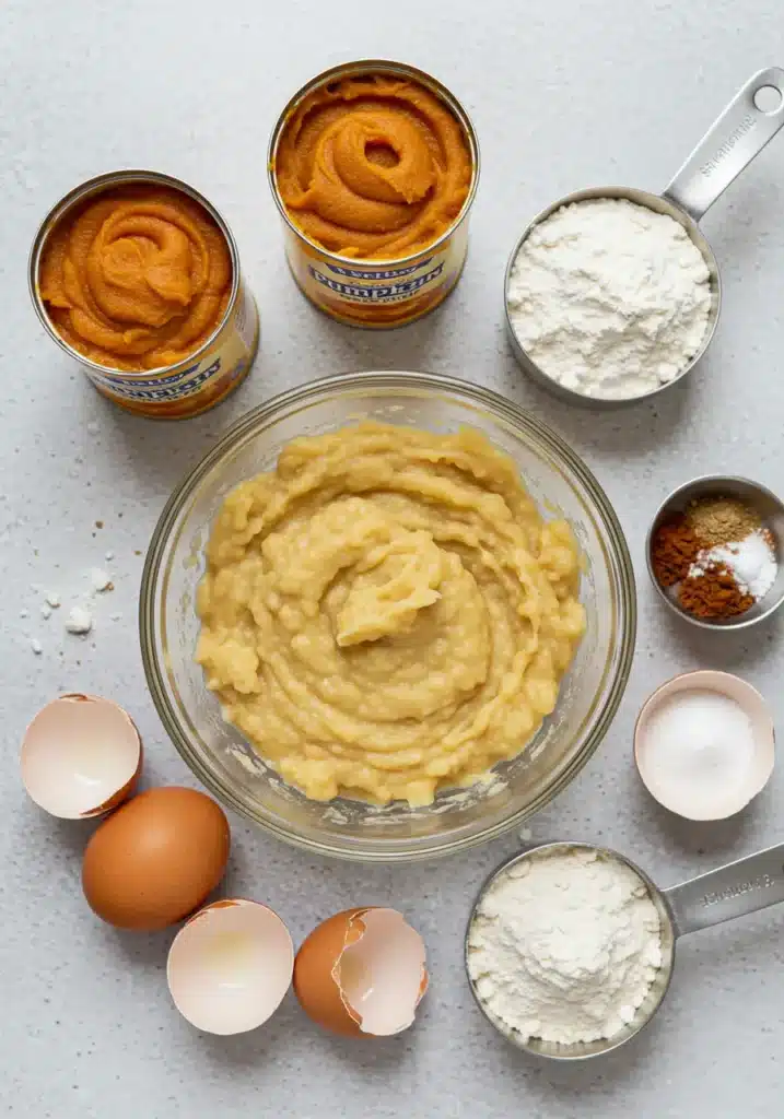 Overhead flat lay of baking process mashed bananas