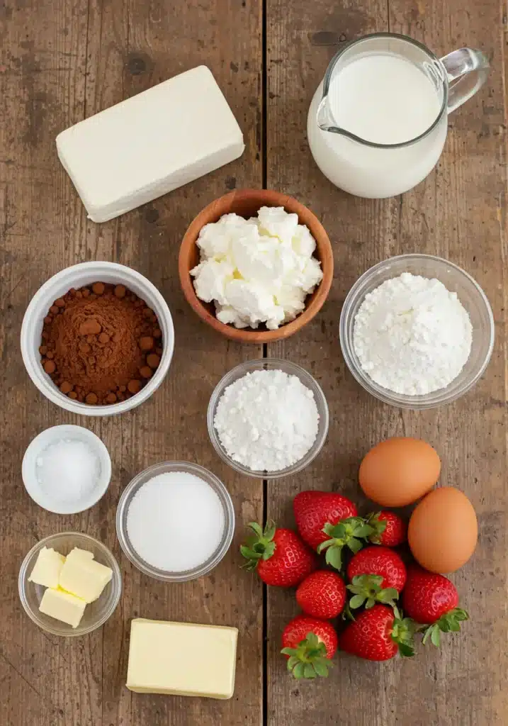 Overhead flat lay of ingredients for Red Velvet Strawberry