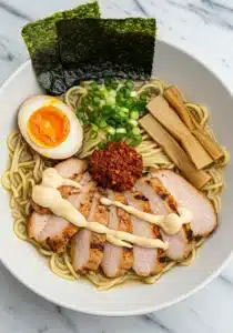 Overhead shot of Fiery Chicken Ramen in a white ceramic bowl