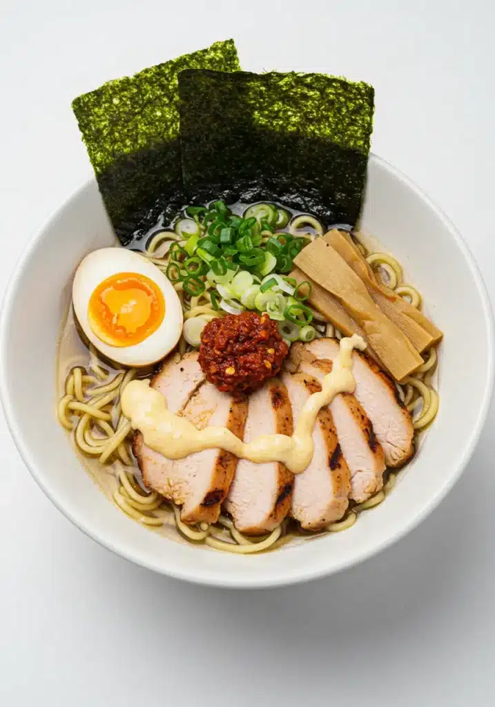 Overhead shot of Fiery Chicken Ramen in a white ceramic bowl (3)