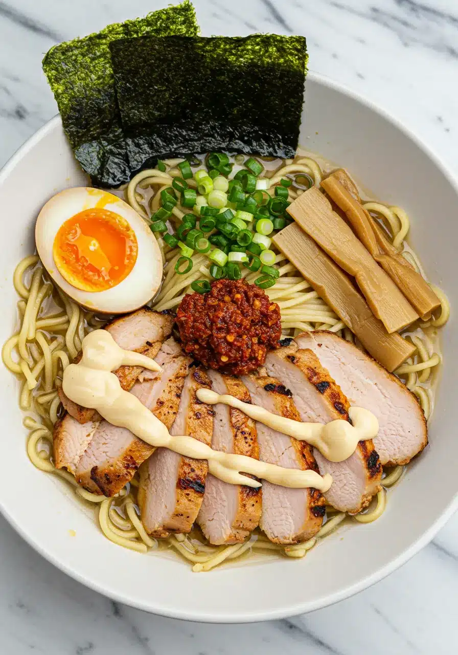 Fiery Chicken Ramen with Creamy Garlic Sauce
