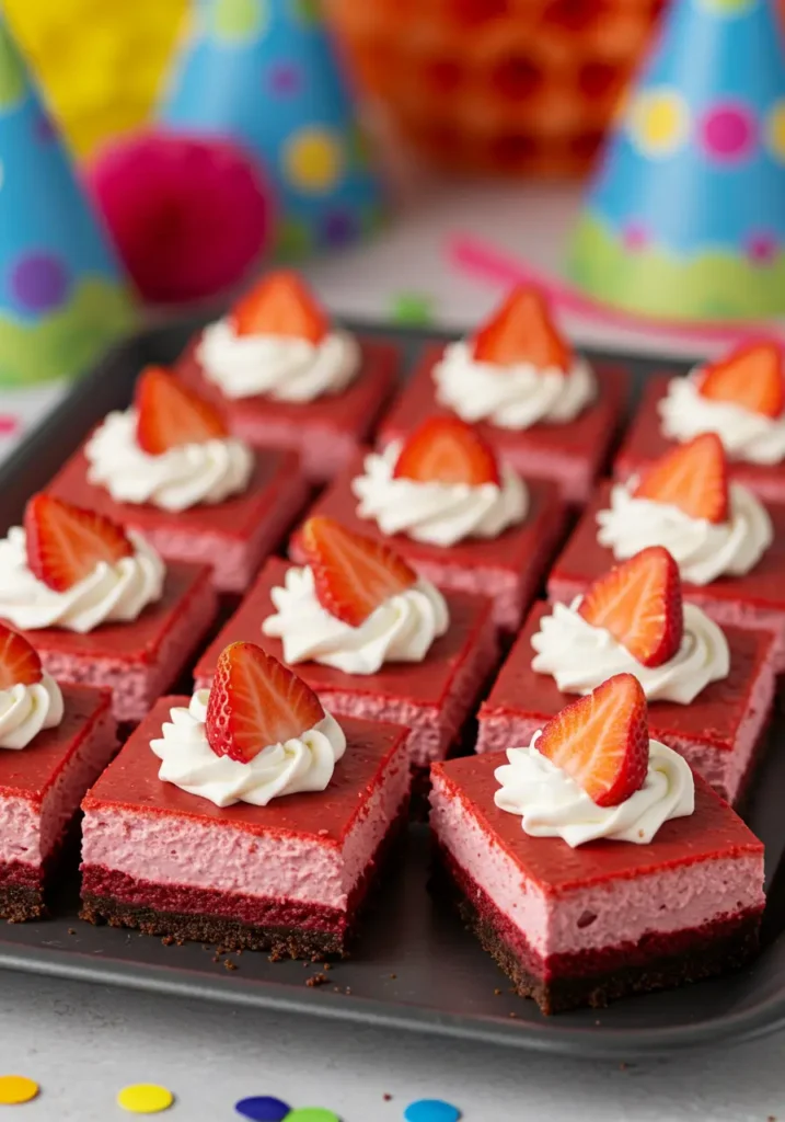 Red Velvet Strawberry Cheesecake cut into neat squares on a party tray, each piece topped with a small swirl of whipped cream and a half