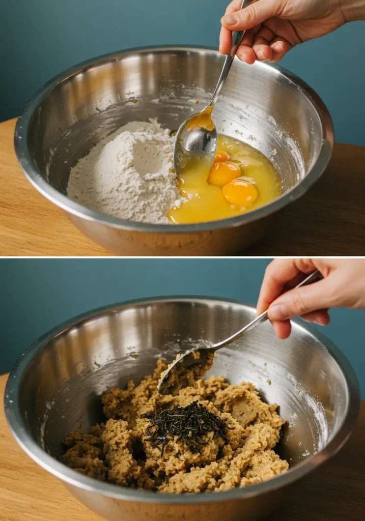 Step-by-step image of mixing cookie dough in a bowl with a spoon
