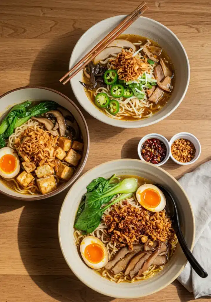 Three ramen bowls side-by-side