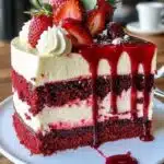 slice of Red Velvet Strawberry Cheesecake with layers of rich red velvet cake