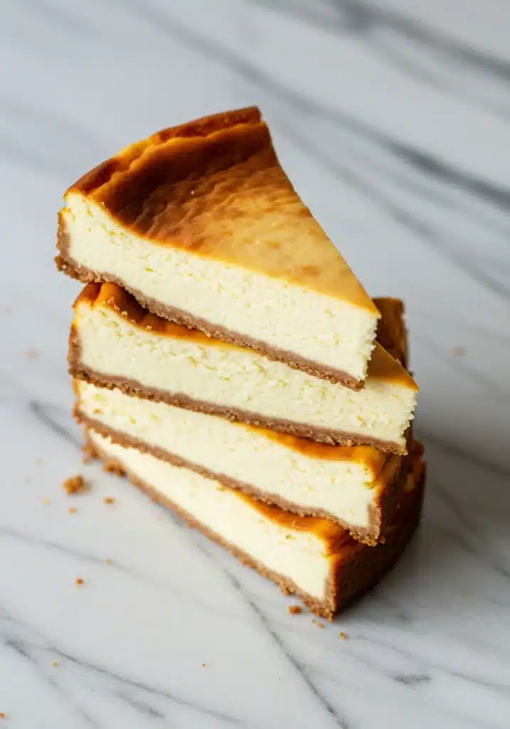 A carnivore cheesecake with a creamy, dense texture, sliced cleanly and stacked on a white marble countertop