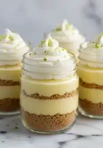 A close-up of Key Lime Pie Jars in 4 oz mason jars