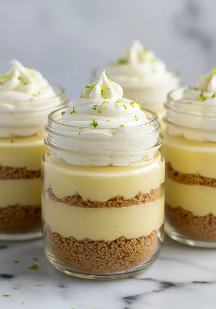 A close-up of Key Lime Pie Jars in 4 oz mason jars
