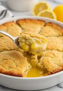 A close-up of the cobbler being served, with a spoon lifting a scoop from the dish