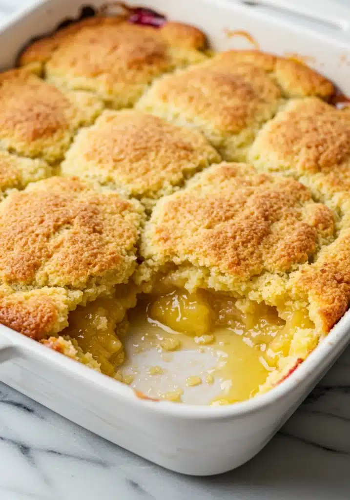 A close-up shot of the cobbler in a baking dish, golden on top