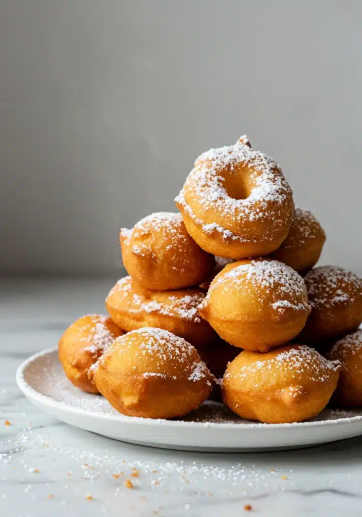 A close-up, vertical image of a stack of golden-brown zeppole recipe dusted generously with powdered sugar