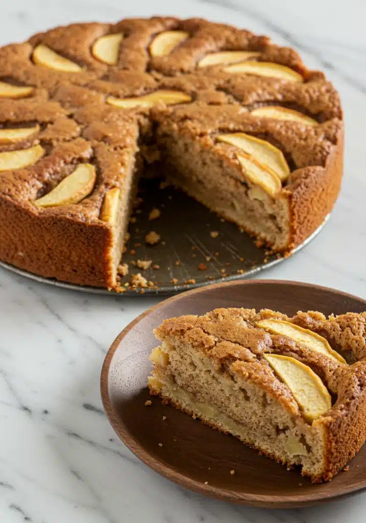 A freshly baked Amish apple cake on a white marble countertop (3)
