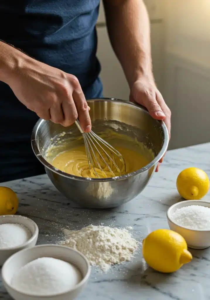 A pair of hands gently whisking the batter, with ingredients