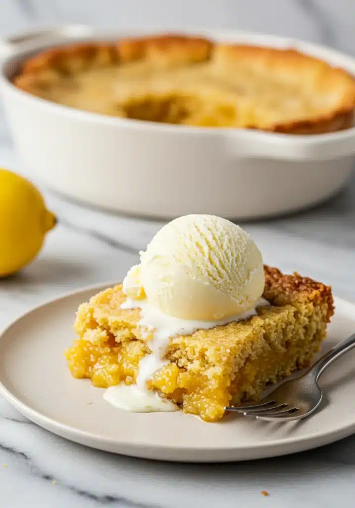 A piece of warm Magic Lemon Cobbler on a plate, topped with a scoop of vanilla ice cream melting over it.