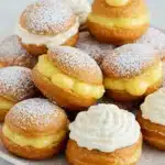 A plate of assorted zeppole topped with powdered sugar, custard filling, and a few with whipped ricotta