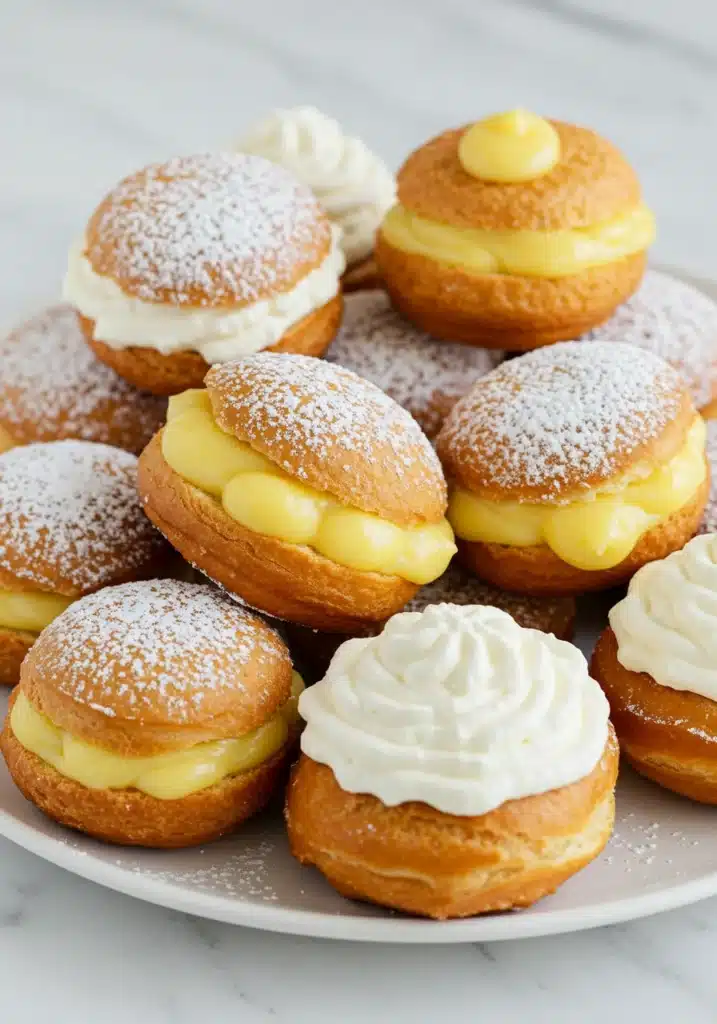 A plate of assorted zeppole recipe  topped with powdered sugar, custard filling, and a few with whipped ricotta