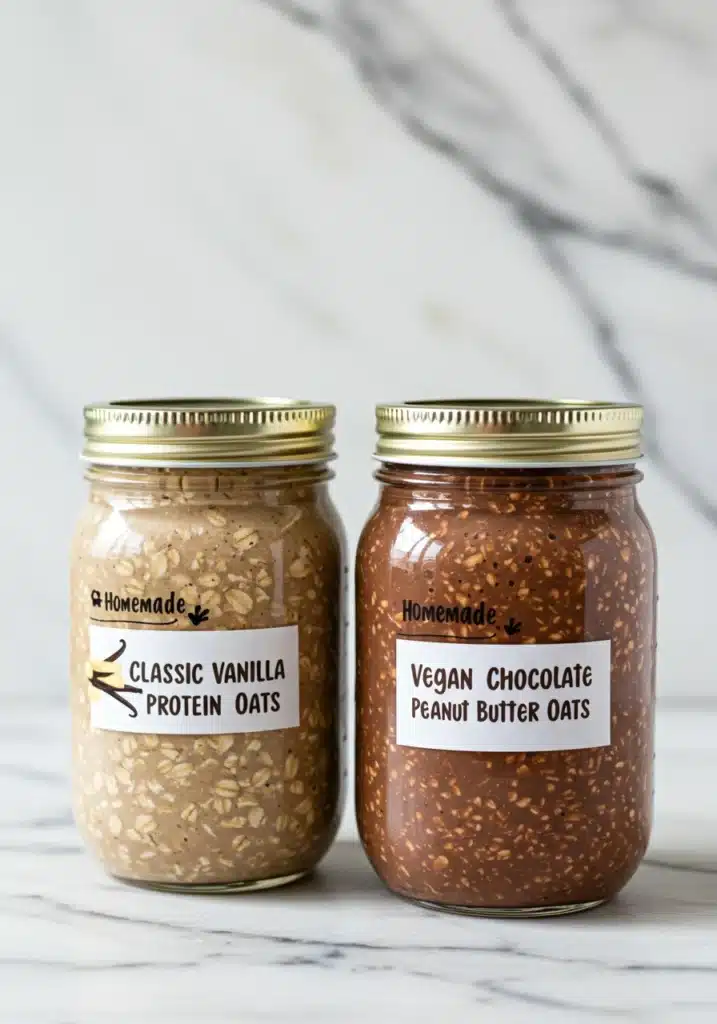 A side view of two jars one classic vanilla protein oats and one vegan chocolate peanut butter oats