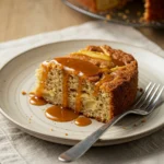 A slice of Amish apple cake served warm on a ceramic plate with a drizzle of caramel sauce and a fork beside it