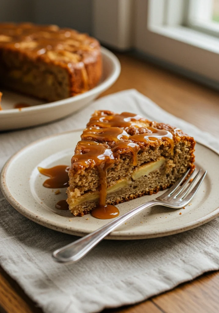 A slice of Amish apple cake served warm on a ceramic plate with a drizzle of caramel sauce and a fork beside it (2)