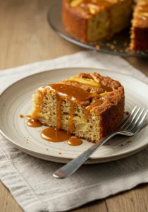 A slice of Amish apple cake served warm on a ceramic plate with a drizzle of caramel sauce and a fork beside it