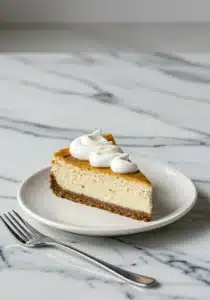 A slice of carnivore cheesecake on a small white plate, topped with a swirl of whipped cream (2)