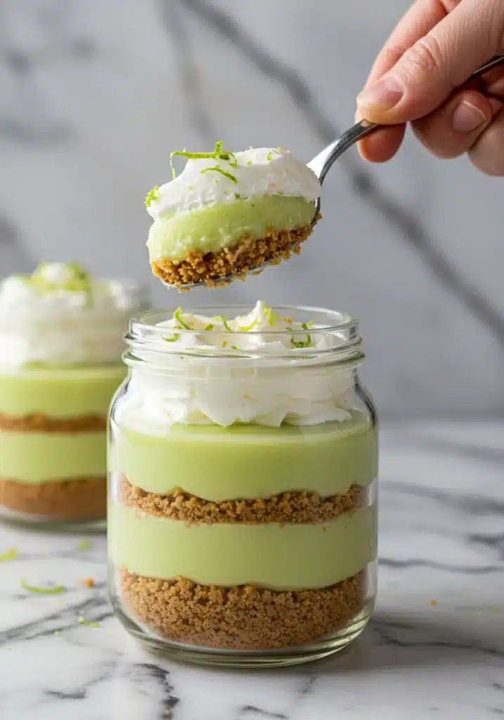 A spoon digging into a Key Lime Pie Jar showing the layers of graham cracker crust