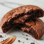 Close-up of a chocolate brownie cookie broken in half, revealing gooey fudgy interior