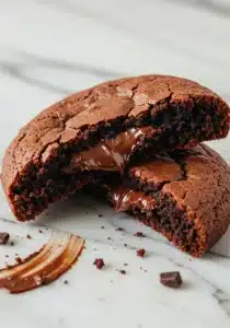 Close-up of a chocolate brownie cookie broken in half, revealing gooey fudgy interior