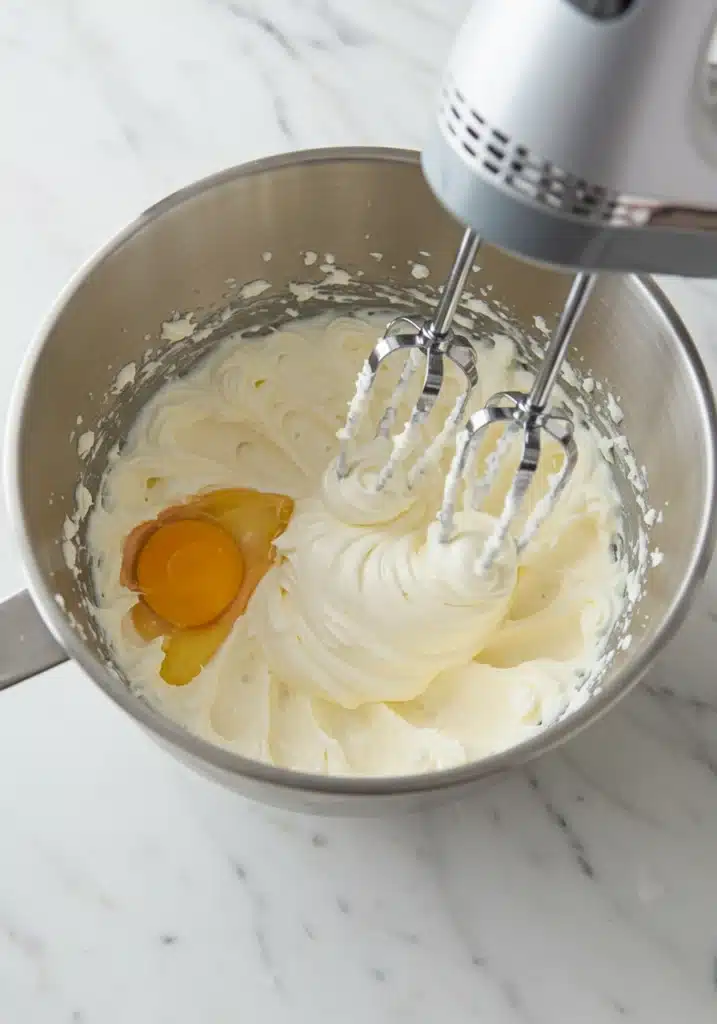 Close-up of cream cheese being whipped with eggs